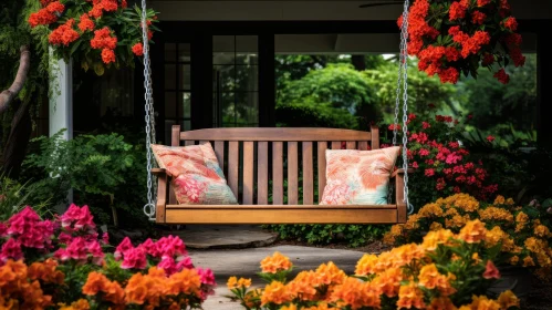 Tranquil Garden Scene with Porch Swing and Colorful Flowers