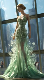 Urban Elegance: Woman in Green Dress | City Skyline Background