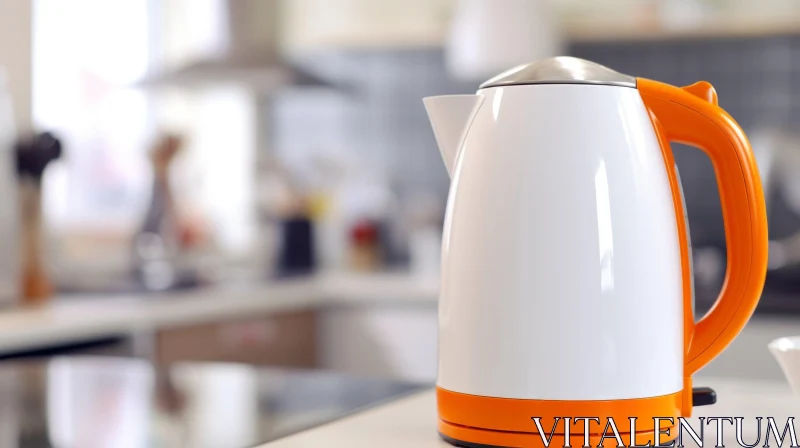AI ART White and Orange Electric Kettle on Kitchen Counter