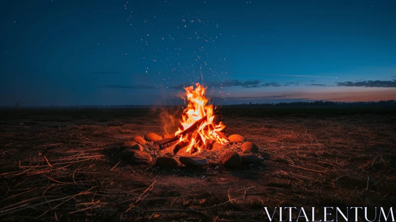 Enchanting Bonfire Scene: Night Field Fire Photography AI Image