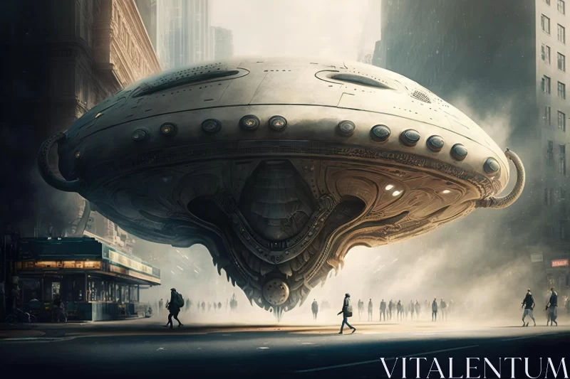 Futuristic Landscape: Spaceship Floating Above City - Ultra HD AI Image