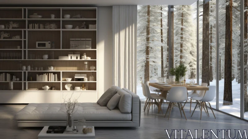 Modern Living Room with Snowy Forest View AI Image