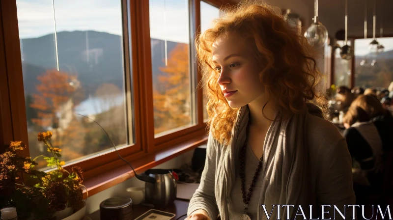 Serene Portrait of a Redheaded Woman by the Window AI Image