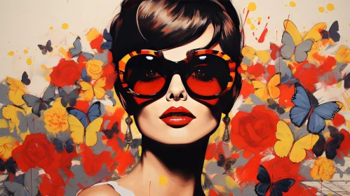 Serious Woman Portrait with Sunglasses and Flowers