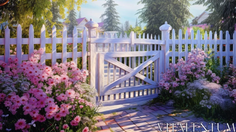 Tranquil Backyard Landscape with Pink Flowers AI Image