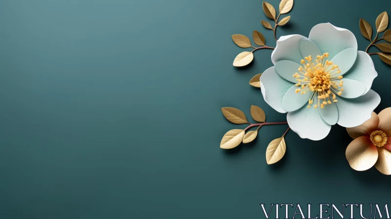 White and Gold Flower on Dark Green Background AI Image