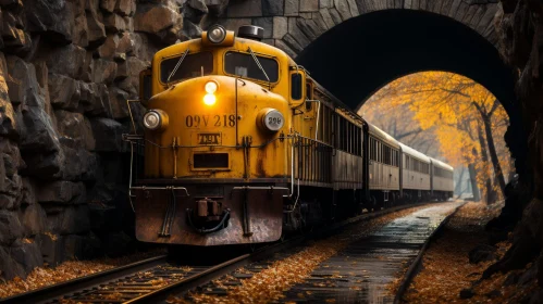 Yellow Diesel Locomotive in Gray Stone Tunnel