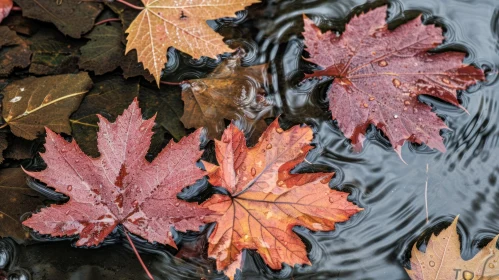 Decaying Maple Leaves on Pond Surface