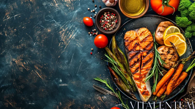 AI ART Delicious Grilled Salmon Steak with Roasted Vegetables