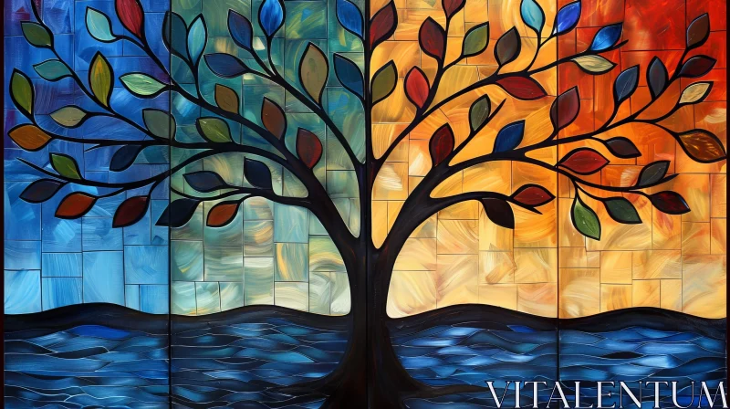 Four Seasons Tree Painting - Nature's Colorful Symphony AI Image