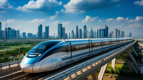 Futuristic High-Speed Train in Urban Cityscape