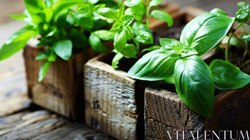 AI ART Green Basil Plants on Wooden Table - Natural Light Photography