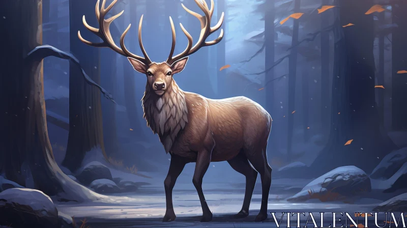 Majestic Elk in Snowy Forest - Digital Painting AI Image