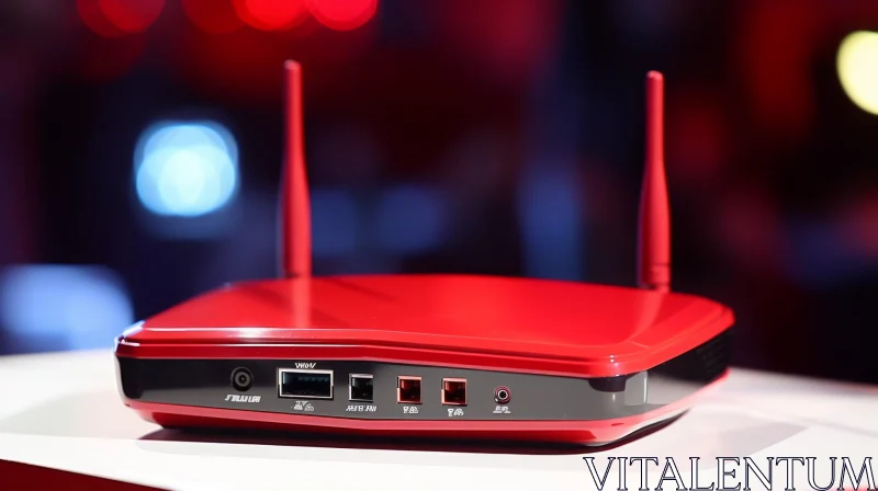 Red Wi-Fi Router with Antennas and Ports on White Table AI Image