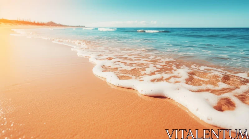 Tranquil Beach Scene with Blue Water and Bright Sun AI Image
