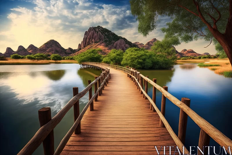 Captivating Wooden Bridge Over a Serene Lake in Thailand AI Image