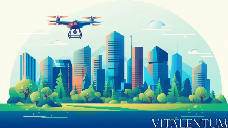 Cityscape Vector Illustration with Drone and Buildings AI Image