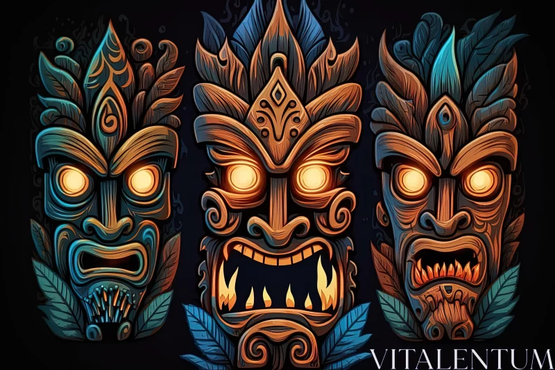 Colorful Tiki Masks: Hyper-Detailed Illustrations Inspired by Traditional Oceanic Art AI Image