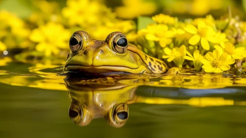Green Frog in Pond with Yellow Flowers