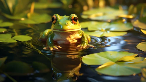 Green Frog on Lily Pad in Pond - Wildlife Photography