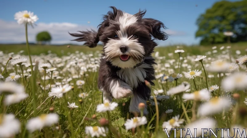 Playful Dog Running in Field of Daisies AI Image