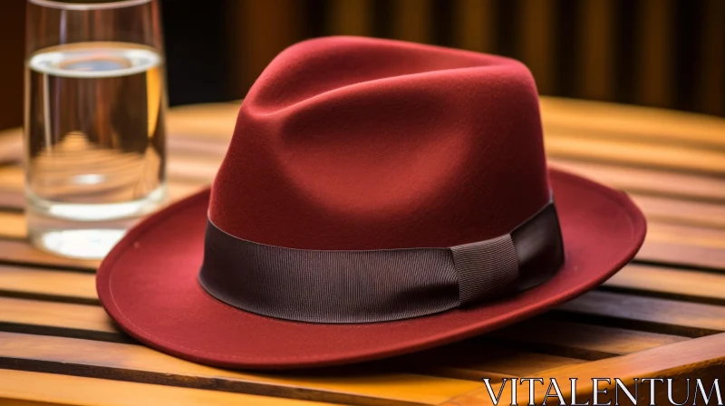 Red Fedora Hat on Wooden Table AI Image
