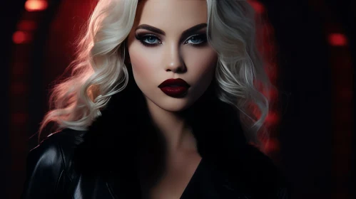 Serious Woman Portrait with Dark Eyes and Red Lips