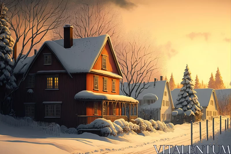 Snowy Landscape with Houses - A Captivating Winter Scene AI Image