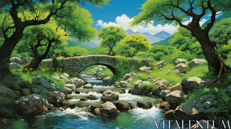 AI ART Tranquil Forest Landscape Painting with Stone Bridge and River