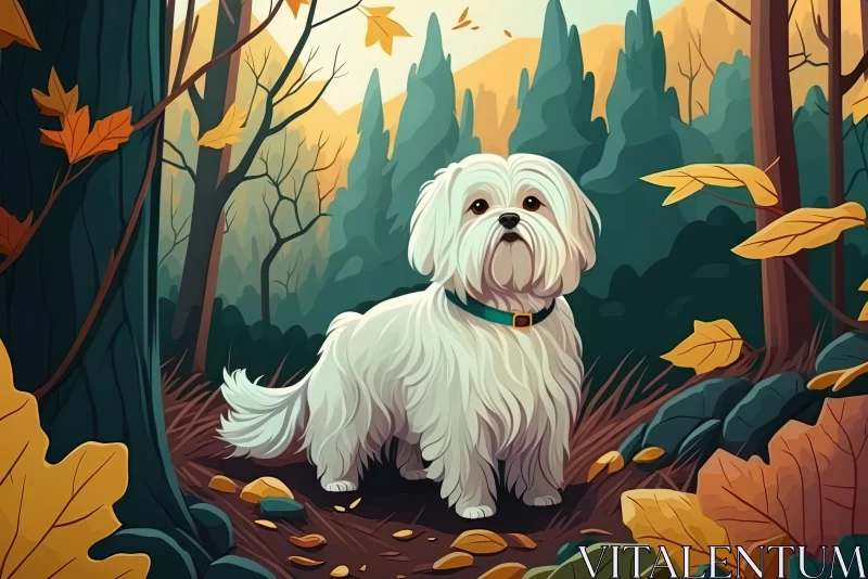 White Maltese Dog in Autumn Forest: Colorful Cartoon Illustration AI Image