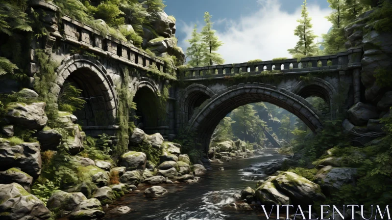 Decrepit Stone Bridge in Forest - Digital Painting AI Image