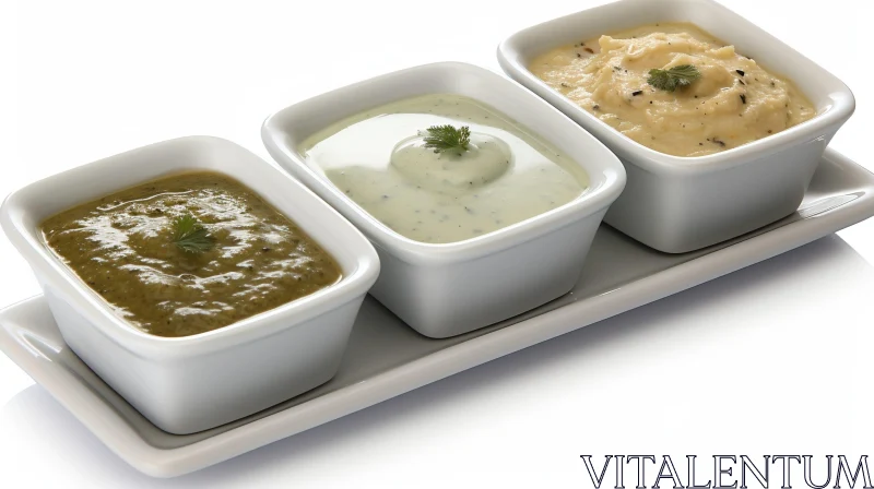 Delicious Dips in White Bowls on Plate AI Image