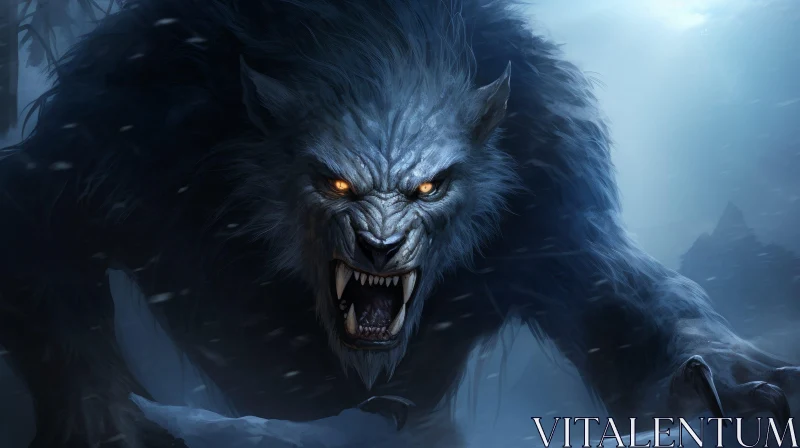 Eerie Werewolf Digital Painting in Snowy Forest AI Image