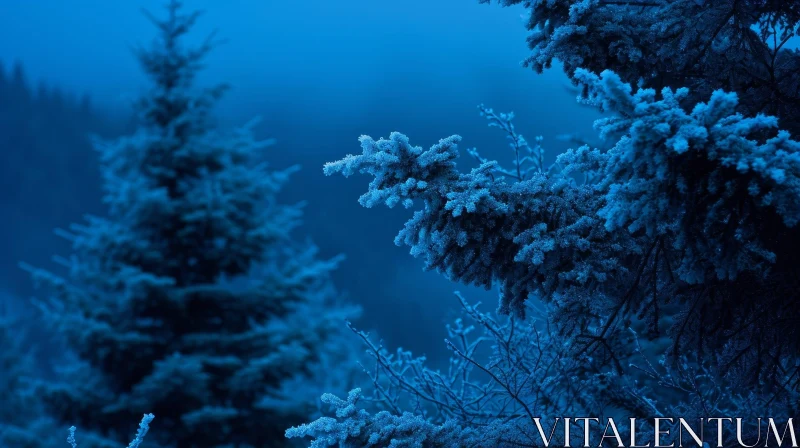Enchanting Snow-Covered Fir Tree Branch in Moonlight AI Image