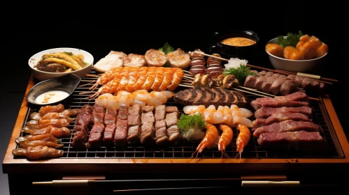 Exquisite Grilled Meats and Seafood on Wooden Grill
