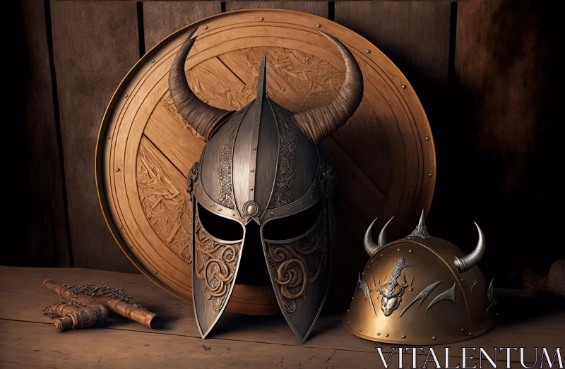 Exquisite Viking Helmet Art: Photorealistic Renderings on Wooden Table AI Image