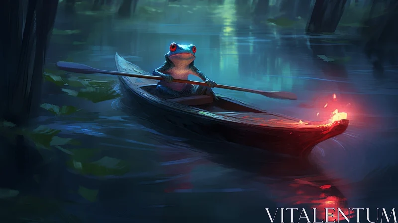 Frog Rowing Boat in Swamp Digital Painting AI Image