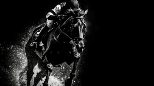 Intense Black and White Horse Racing Jump Image