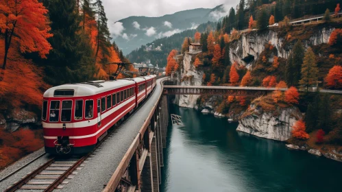 Scenic Mountain Landscape with Train Crossing Bridge