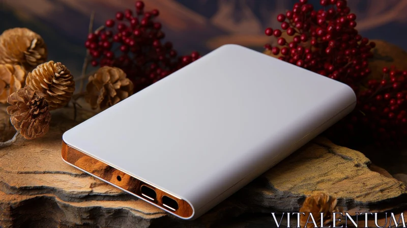 AI ART White and Gold Power Bank on Rock Surface with Natural Background