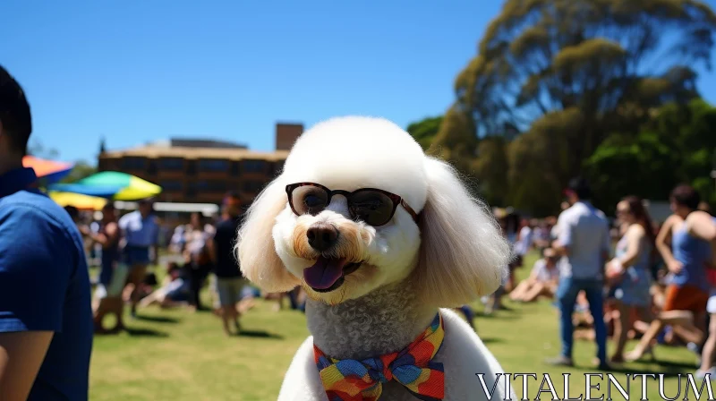 AI ART White Poodle Dog with Sunglasses and Bow Tie on Green Lawn
