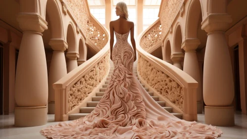 Blush Haute Couture Wedding Dress Model on Grand Staircase