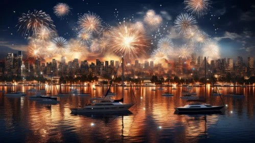 Cityscape Night Scene with Fireworks and Boats on Waterfront