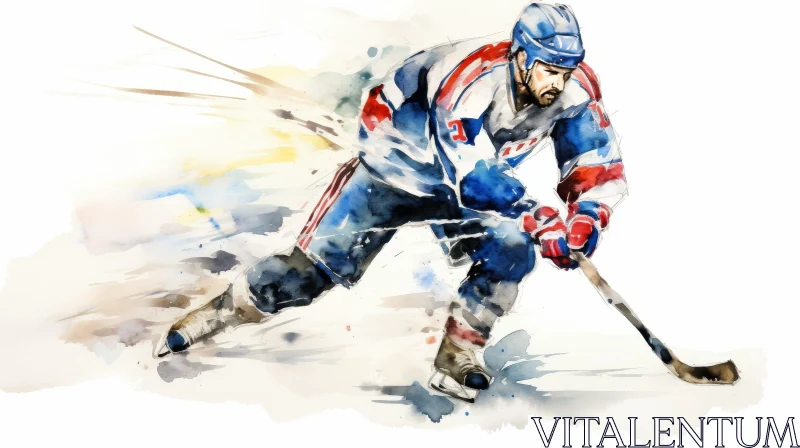Dynamic Hockey Player Watercolor Painting AI Image