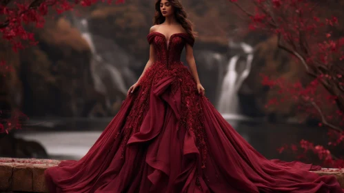 Elegant Woman in Red Ball Gown with Diamond Earrings Outdoors