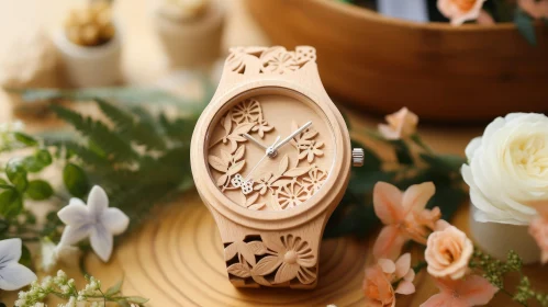 Elegant Wooden Watch with Butterfly and Flower Design
