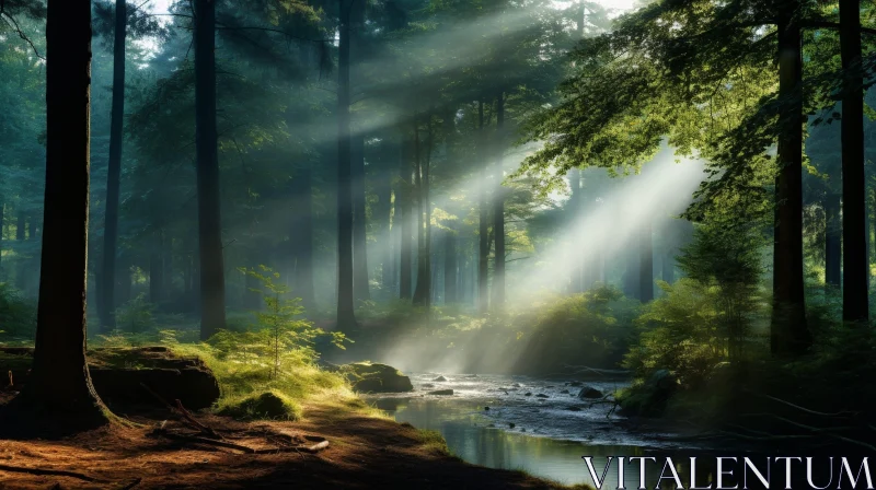Enchanting Forest River with Sunlight and Waterfall AI Image