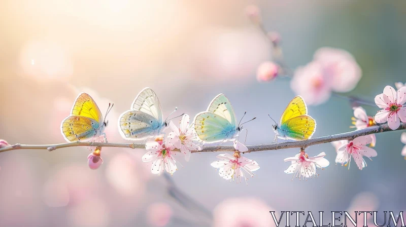 Enchanting Spring Scene with Colorful Butterflies and Cherry Blossoms AI Image