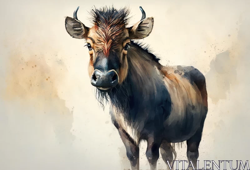 Exquisite Watercolor Painting of a Wildebeest AI Image