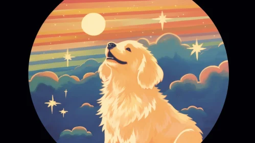 Golden Retriever Dog Painting with Rainbow and Moon